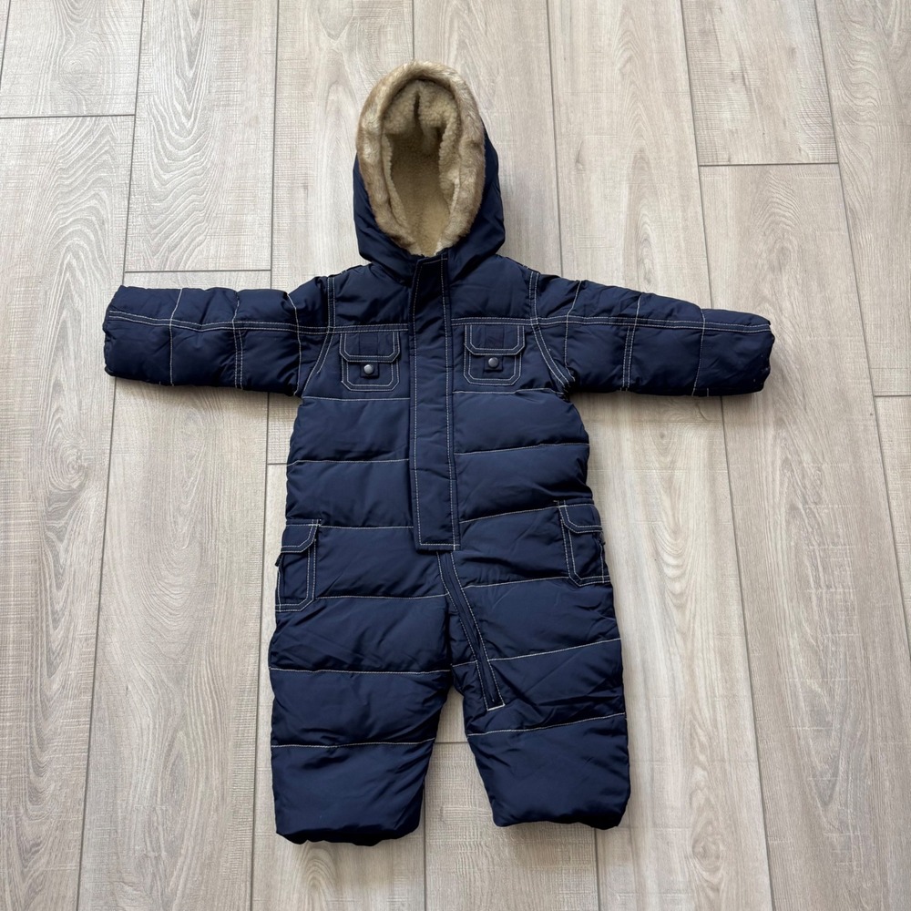 BabyGap Puffer Snowsuit Baby 6-12 Months Navy Blue Faux Fur Hood Down Fill